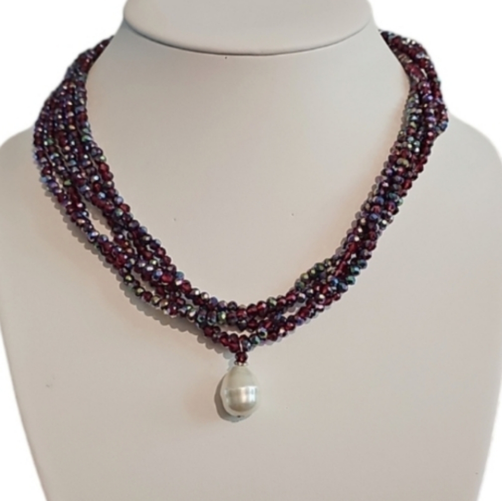 Vintage Cranberry Crystal With Mother of Pearl Pendant Multistrand Necklace